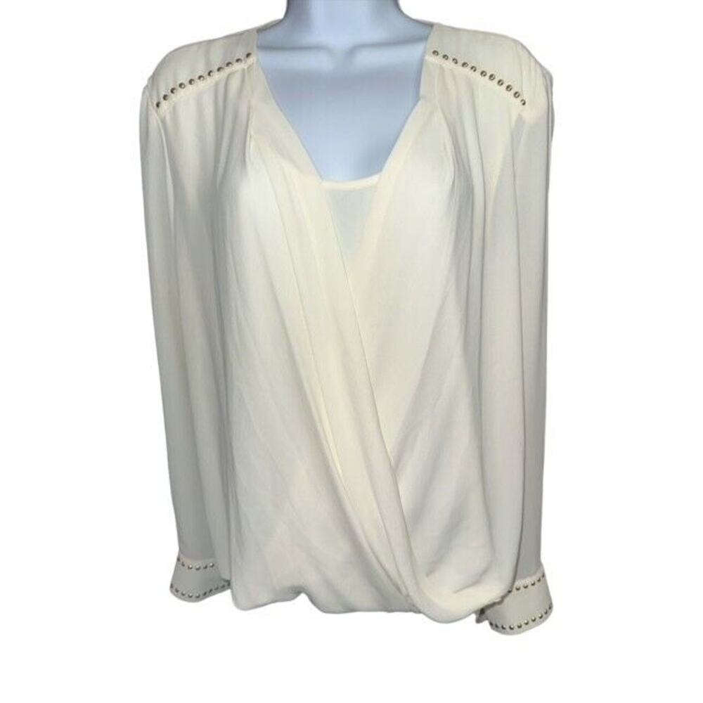 Cache Top Large Ivory Crossover Bottom Beads Hi-Low Hem Long Sleeves Blouse FLAW